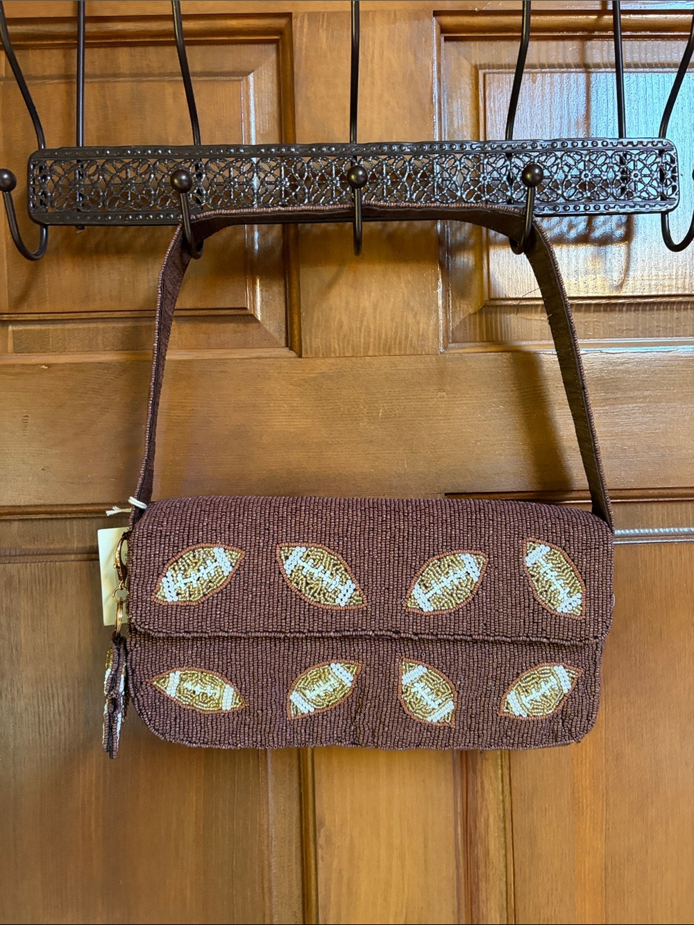 Sol and Mer Brown Beaded Football Shoulder Bag Small w/ Charm